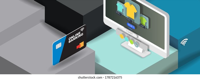 Office computer with the interface of an online clothing store and a Bank card on an abstract background. 3d illustration