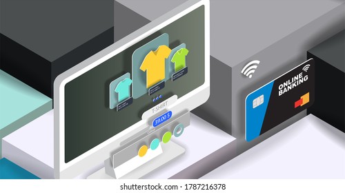 Office computer with the interface of an online clothing store and a Bank card in isometry. 3d illustration