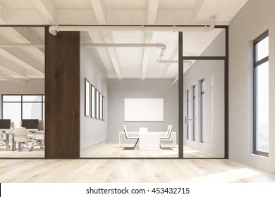 Office And Conference Room Interior With Blank Whiteboard Behind Glass Doors. Mock Up, 3D Rendering