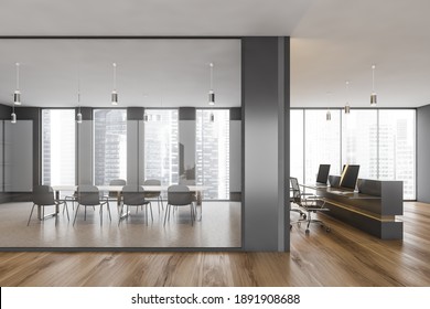 Office Conference Room With Table And Chairs, Behind Glass Window. Minimalist Meeting Room And Reception Room With Armchairs And Computer, Parquet Floor 3D Rendering No People