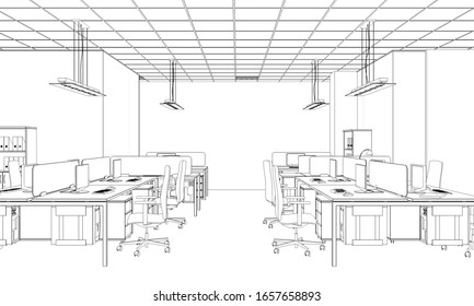 Office Contour Visualization, 3D Illustration, Sketch, Outline