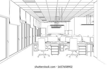 office contour visualization, 3D illustration, sketch, outline