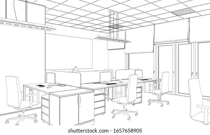 Office Contour Visualization, 3D Illustration, Sketch, Outline