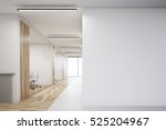 Office corridor with large blank wall and row of conference rooms with wooden wall and floor decoration. 3d rendering. Mock up.