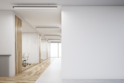 Office Corridor With Large Blank Wall And Row Of Conference Rooms With Wooden Wall And Floor Decoration. 3d Rendering. Mock Up.