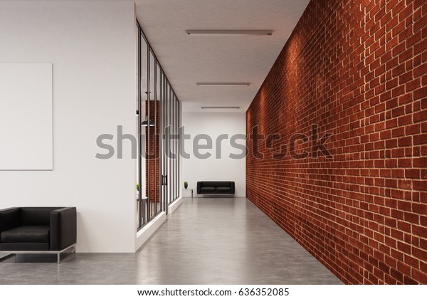 Office corridor with white and brick walls, a leather armchair and a sofa in the farthest corner and a poster. 3d rendering, mock up