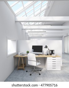 Office Cubicle In Attic Room With Table, Computer Screen, Lamp And Binders. 3d Rendering. Mock Up.