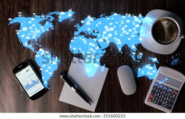 Office Desk Holographic Image World Map Stock Illustration 255600223