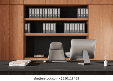 Office desk with a modern computer setup, books, and a chair. Wooden shelves holding folders in the background. Minimalist design concept in a workplace. 3D Rendering.
