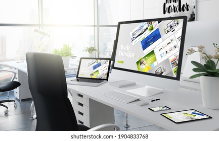 Office Desktop 3d Rendering With Website CMS Builder On Screen