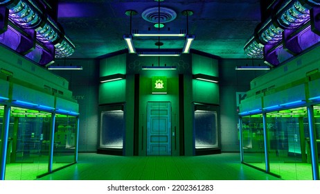 Office Door Of The Cloning Place In The Cyberpunk Age Background In Cinematic View, 3d Illustration