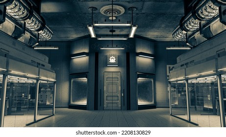 Office Door Of The Cloning Place In The Cyberpunk Age Background In Cinematic View, 3d Illustration