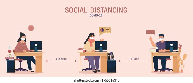 Office Employees Are Maintaining Social Distance During The Meeting And Working Together In Meeting Room. Office Desk And Tables Are Setup For Safety Prevention Of Covid-19, Corona Virus Disease.