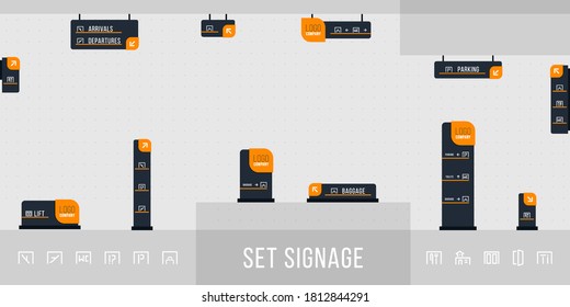 Office Exterior Monument Sign, Pylon Sign. Direction, Pole, Wall Mount And Traffic Signage System Design Template Set. Set Of Signage. Exterior And Interior Signage Concept. 