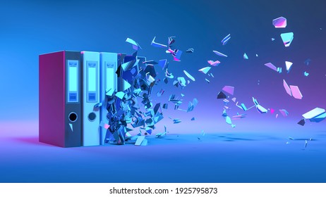 office folders in neon light falling apart into small parts, 3d illustration