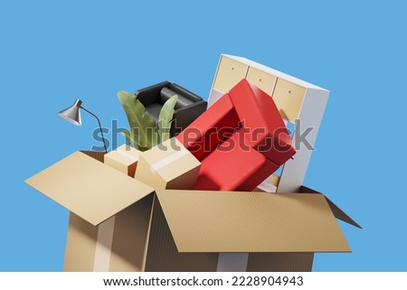 Office furniture falling into a cardboard box, company relocation and moving on blue background. Concept of shipping and delivery. 3D rendering Сток-фото © 