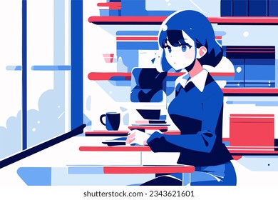 office girl working whit a hot coffee cup blue and red background tone color illustration - Powered by Shutterstock