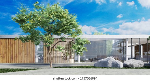 Office Glass Building With Wooden Planks On The Facade. The Building Is Surrounded By Greenery. 3D Rendering.