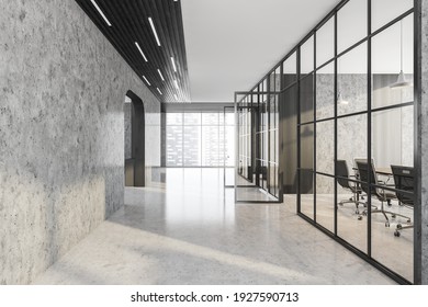 Office Hall Corridor And Marble Room With Black Armchairs And Wooden Table. Office Minimalist Interior Behind Glass Doors, Side View, 3D Rendering No People