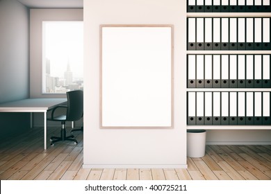 Office Interior With Blank Frame On Concrete Wall, Workplace And Shelves. Mock Up, 3D Rendering