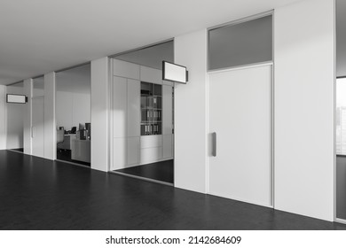 Office interior with closed rooms and furniture behind doors, dark concrete floor. Hall in business company and window on city view. Mockup copy space sign plate. 3D rendering