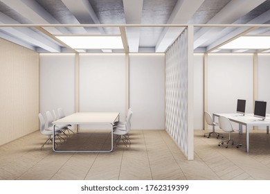 Office interior with computers and meeting table. Workplace and lifestyle concept. 3D Rendering