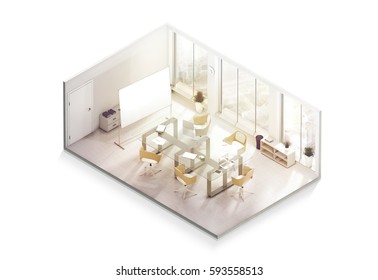 Office interior design mockup inside, isometric view, 3d rendering. Empty conference room mock up, isolated. Realistic business work place with desk and board. Cutaway cubical company department.