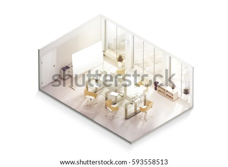 Office interior design mockup inside, isometric view, 3d rendering. Empty conference room mock up, isolated. Realistic business work place with desk and board. Cutaway cubical company department.