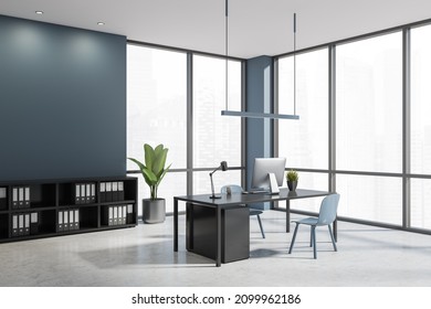 Office Interior With Empty Blue Wall, Low Shelves, Linear Light, Desk, Two Chairs And Concrete Floor. Concept Of Modern Design. Corner View. 3d Rendering