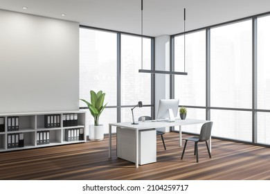 Office Interior With Empty White Wall, Low Shelves With Folders, Linear Light, Desk, Two Black Chairs And Parquet Style Floor. Concept Of Modern Design. Corner View. 3d Rendering