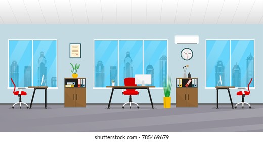 Office interior in flat style. Modern business workspace with office furniture: chair, desk, computer, bookcase, clock on the wall and window.
