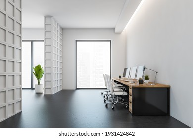 Office interior with leather chairs in a row, with racks and window with city view, plant. Grey marble floor, 3D rendering no people