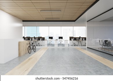Büroeinrichtung mit Rezeption, Konferenzraum und Arbeitsbereich. Konzept des Unternehmens. 3D-Darstellung. Geh nach oben. 