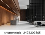 Office interior with reception desk, sofa and armchairs on carpet, tall room dividers in row. Hotel waiting and registration space with minimalist design. 3D rendering