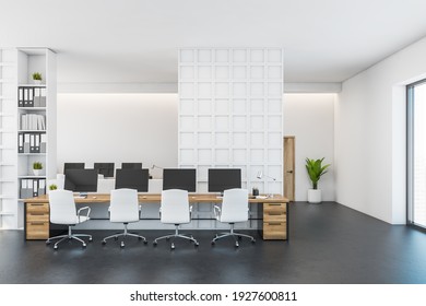 Office Interior With Table And Leather Chairs With Computers, Light Manager Room With Shelves And Papers. Grey Marble Floor And Window With City View, 3D Rendering No People