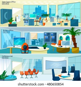 Office Interiors Horizontal Banners Set With Conference Hall And Open Space Office With Modern Furniture  Illustration  