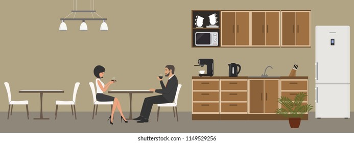 Office Kitchen. Dining Room In The Office. Employees Drink Coffee At The Table. Coffee Break. There Are Kitchen Cabinets, A Fridge, A Microwave, A Kettle And A Coffee Machine In The Image. Raster