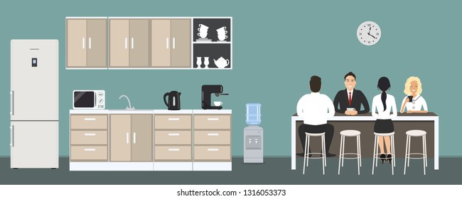 Office Kitchen. Dining Room In The Office. Employees Are Sitting At The Table. Coffee Break. There Are Kitchen Cabinets, A Fridge, A Microwave, A Kettle And A Coffee Machine In The Image. Raster