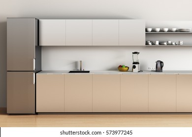 Office Kitchen With Wooden Floor And Refrigerator, Sink, Apples, Blender, Kettle. Front View. 3d Render