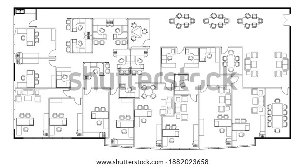 An office layout
drawing complete with the office furniture in 2D CAD drawing.
Drawing in black in white.

