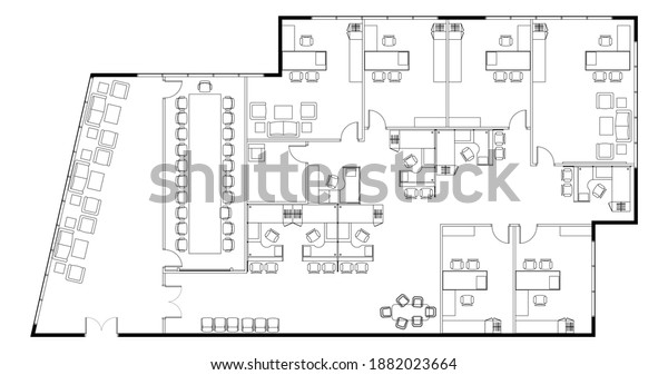 An office layout\
drawing complete with the office furniture in 2D CAD drawing.\
Drawing in black in white.\
