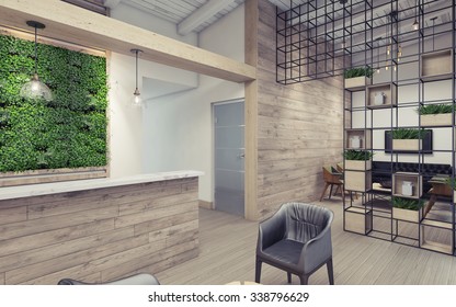 Office Lobby With Green Wall 3D Rendering