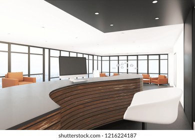 Office Lobby Interior With Reception Desk. Entrance Concept. 3D Rendering 