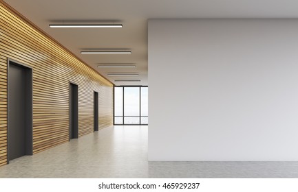 Office lobby interior with wooden walls and large white space. Concept of business building. 3d rendering. Mock up 