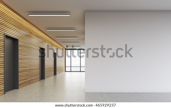 Office lobby\
interior with wooden walls and large white space. Concept of\
business building. 3d rendering. Mock up\
