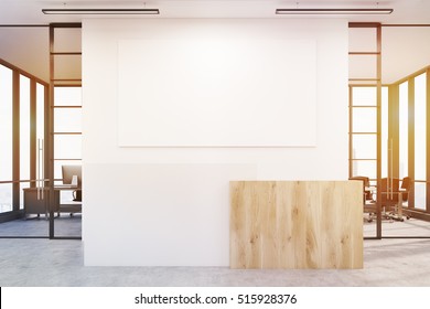 Office Lobby. Large Wall Is Decorated With A White Blank Poster. There Is A Wooden Part Of Interior And Two Conference Rooms By Both Sides. 3d Rendering. Mock Up. Toned Image