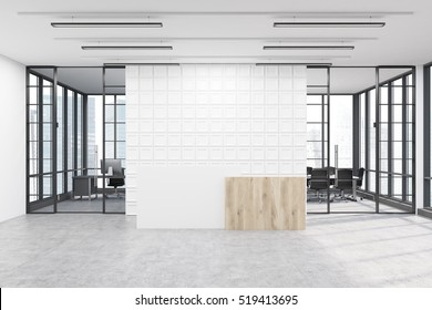 Office Lobby. Large Wall Is Decorated With White Tiles. There Is A Wooden Part Of It And Two Conference Rooms By Both Sides. 3d Rendering. Mock Up