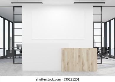 Office lobby. Large wall is decorated with a white blank poster. There is a wooden part of interior and two conference rooms by both sides. 3d rendering. Mock up