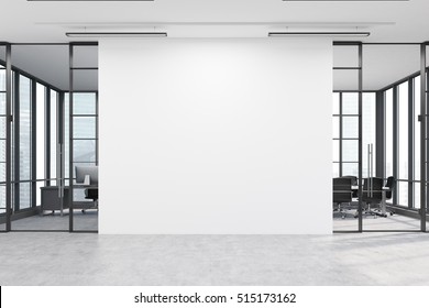 Office lobby. Large white wall is in the middle with two conference rooms by both sides. 3d rendering. Mock up