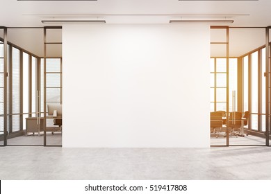 Office Lobby. Large White Wall Is In The Middle With Two Conference Rooms By Both Sides. 3d Rendering. Mock Up. Toned Image